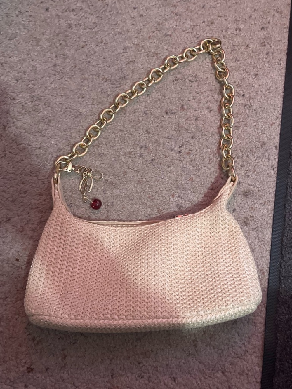 Cream Woven Shoulder Bag with Gold Chain Strap